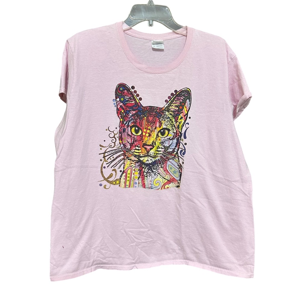 Gildan Ultra Cotton Ladies‎ XL Soft Pink Abstract Cat Graphic T Shirt Tee Kitten